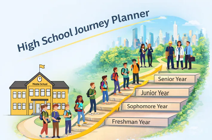 High School Journey Planner illustration showing students moving through high school years toward careers
